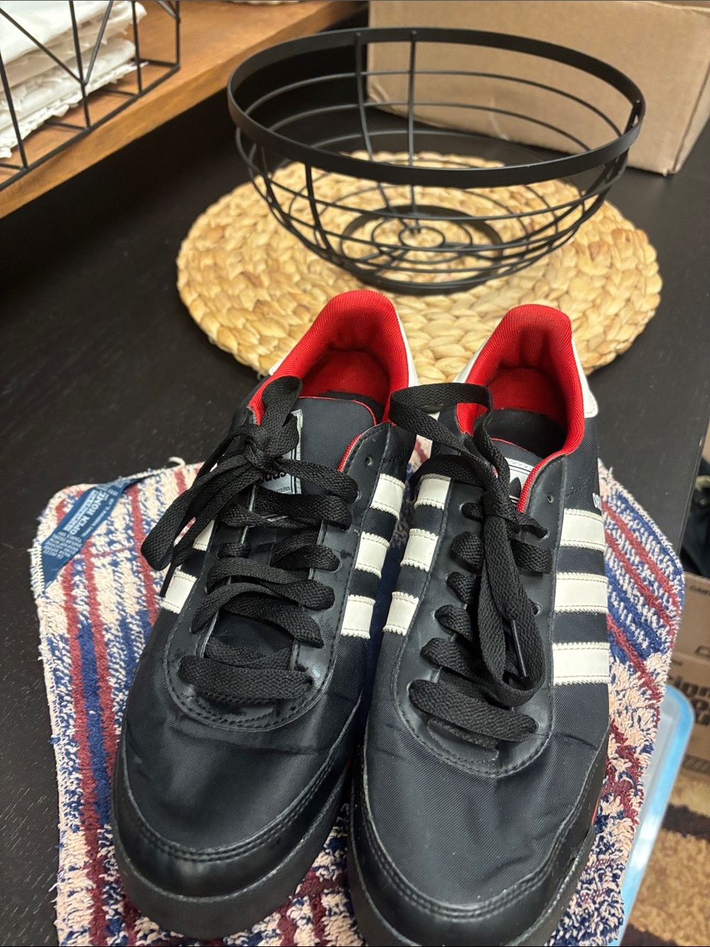 Adidas Black Sneakers W/ White Stripes & Red Lining.